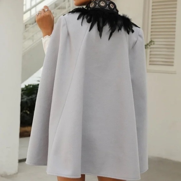 Classic gray Open Front Feather Trim Cape Jacket - Picture 3 of 11
